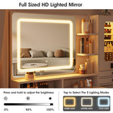 Vabches 57" Large Vanity Desk with Mirror and Lights,White Makeup Vanity Table with Jewelry Cabinet & 7 Drawers,Modern Dressing Table with Charing Sation & Shelves for Bedroom Vabches