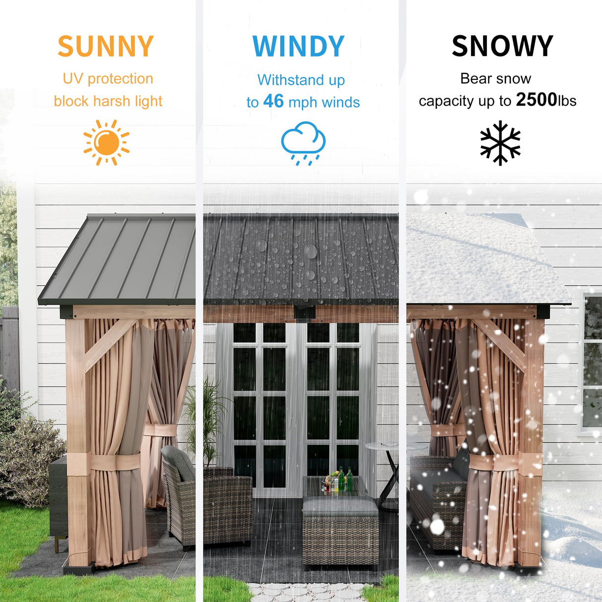 11 x 13 ft Hardtop Gazebo Wood Grain Aluminum Frame Gazebo Pavilion with Privacy Curtain and Mosquito Netting, Galvanized Steel Roof for Backyard MONDAWE