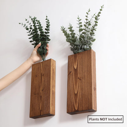 GRID FORTE Wood Wall Planter Set of 2, Wood Wall Pocket for Greenery and Dried Flowers, Indoor Wood Hanging Vase, Modern Farmhouse Wall Decor for Eucalyptus Stems Decorations (Walnut) - WoodArtSupply