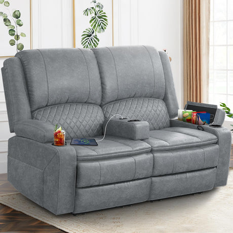 Yolsali Loveseat Recliner Sofa, Manual Reclining Loveseat with Removable Armrest, PU Leather Double Recliner for RV with 2-Tier Cushions, USB Charging Ports, Cup Holders - Gray, PU Yolsali