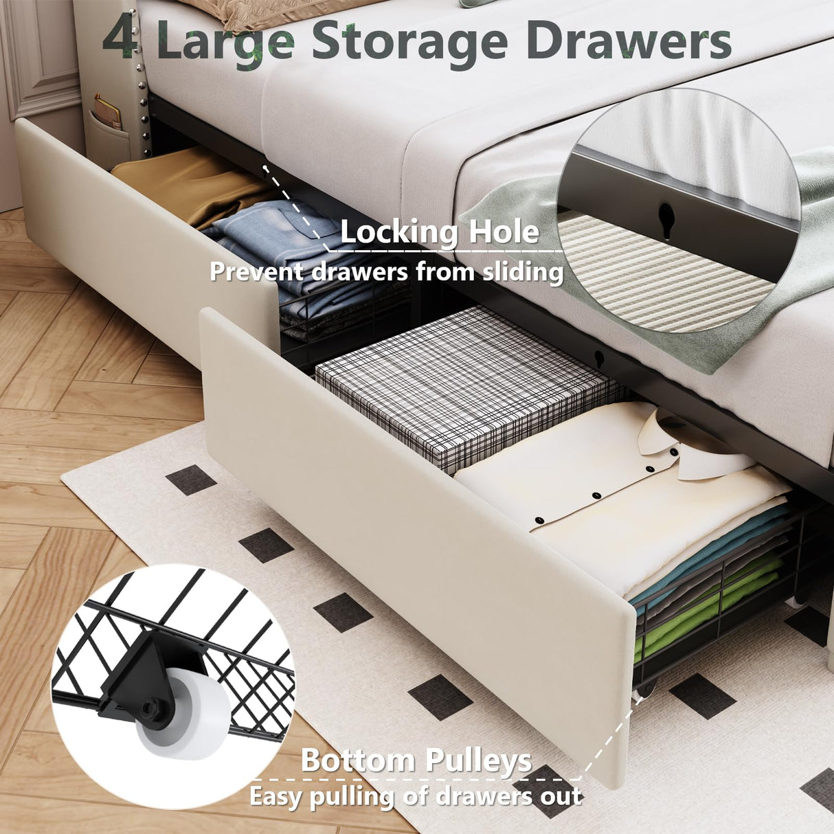 TIGUBFRE Full Size Bed Frame with 4 Drawers and Storage Headboard, Upholstered Tufted Wingback Bed Frame with LED Lights and Charging Station, No Box Spring Needed, Easy Assembly, Noise Free, Beige TIGUBFRE