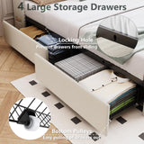 TIGUBFRE Full Size Bed Frame with 4 Drawers and Storage Headboard, Upholstered Tufted Wingback Bed Frame with LED Lights and Charging Station, No Box Spring Needed, Easy Assembly, Noise Free, Beige TIGUBFRE