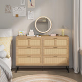 Rattan 6 Drawer Dresser Boho Dresser Chest of Drawers Farmhouse Oak 6 Double Drawer Dresser Cabinet with Wide Drawers Metal Legs Mid Century Modern Storage Dressers Chest for Bedroom, Living Room Furtivusia