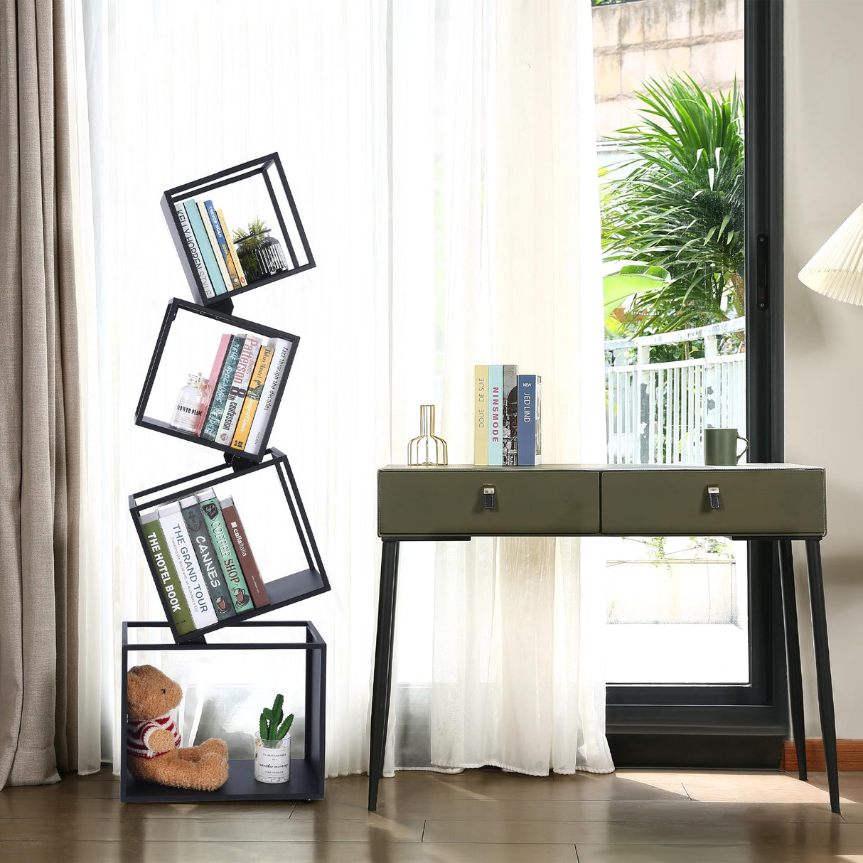 Bookshelf, 4-Tier Geometric Black Bookcase, 49" Tall Modern Corner Bookshelf, Storage Shelves for CDs/Books/Home Decor, Display Shelf for Living Room, Bedroom, Study Room, Nursery Room, Home Office Weltallina