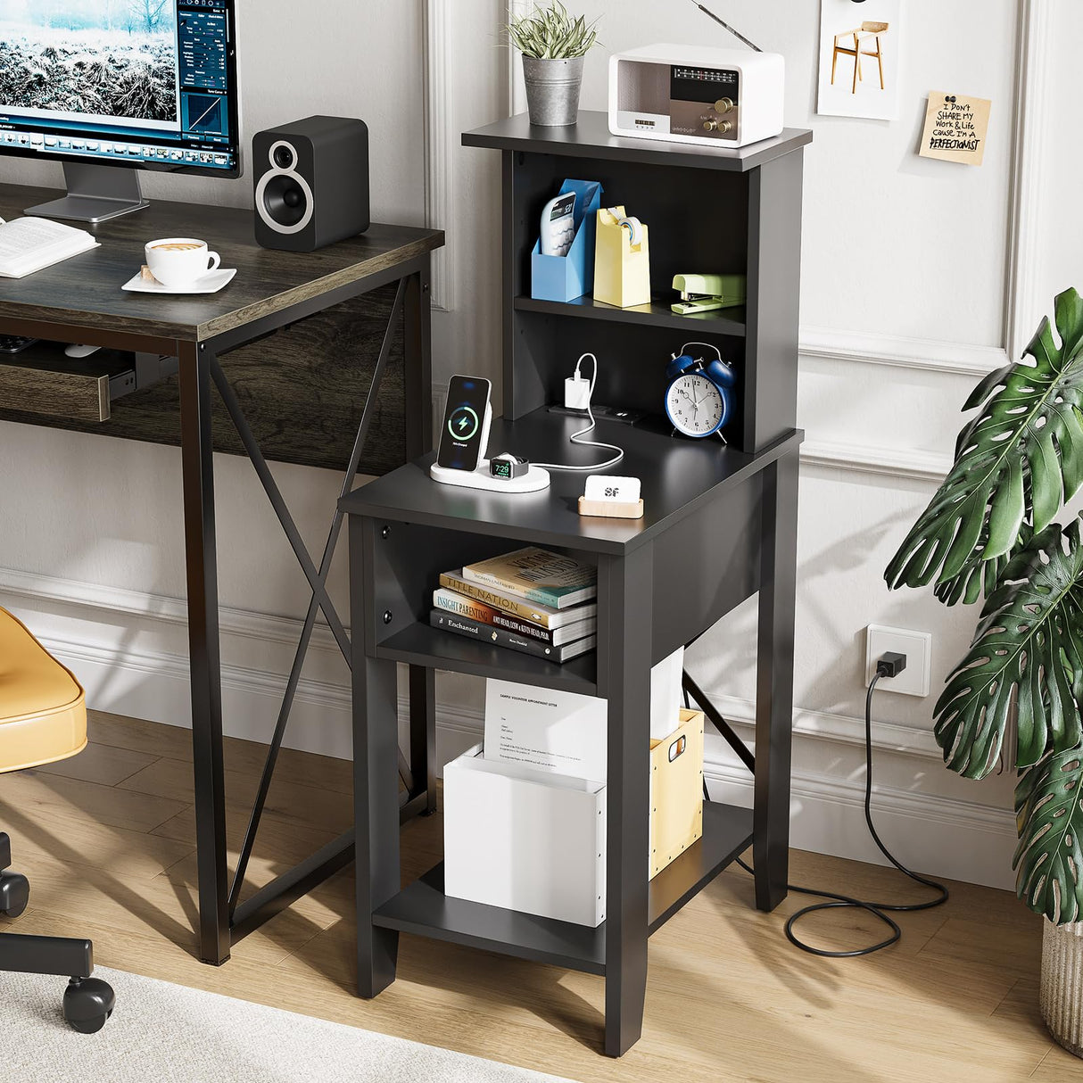 Bestier Tall Nightstand with Charging Station Set of 2, Bedside Table with Storage Cabinet & Shelves, Tall Side End Table for Bedroom, Black Bestier