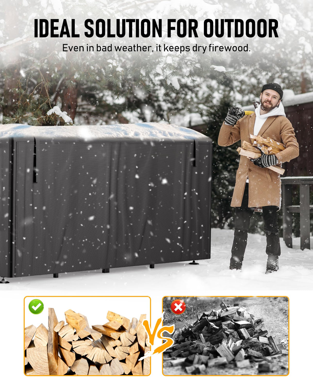 Brightown Firewood Rack Outdoor with Cover, 8FT Wood Rack for Firewood Indoor, Waterproof Fire Wood Holder Outside, Adjustable Heavy Duty Logs Stand Stacker Holder for Patio Deck, Black Brightown