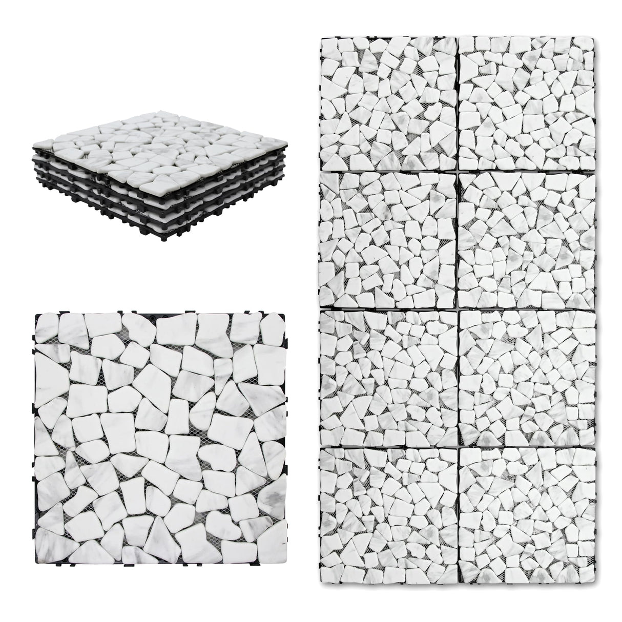 SUNWINGS 4PCS Natural Stone Interlocking Deck Tiles 12"x12" Pebble Waterproof Patio Deck, Outdoor Indoor Floor Decking Tiles for Porch Poolside Balcony Backyard, Carrara White sunwings