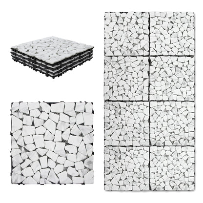 SUNWINGS 4PCS Natural Stone Interlocking Deck Tiles 12"x12" Pebble Waterproof Patio Deck, Outdoor Indoor Floor Decking Tiles for Porch Poolside Balcony Backyard, Carrara White