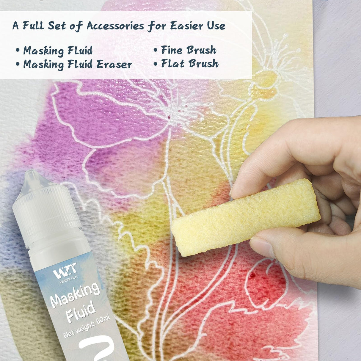 WAN2TLK Masking Fluid for Watercolor Painting - 60ml White with a Paintbrush and Eraser - Art Masking Fluid Pen Watercolor Medium Art Supplies for Artists WAN2TLK
