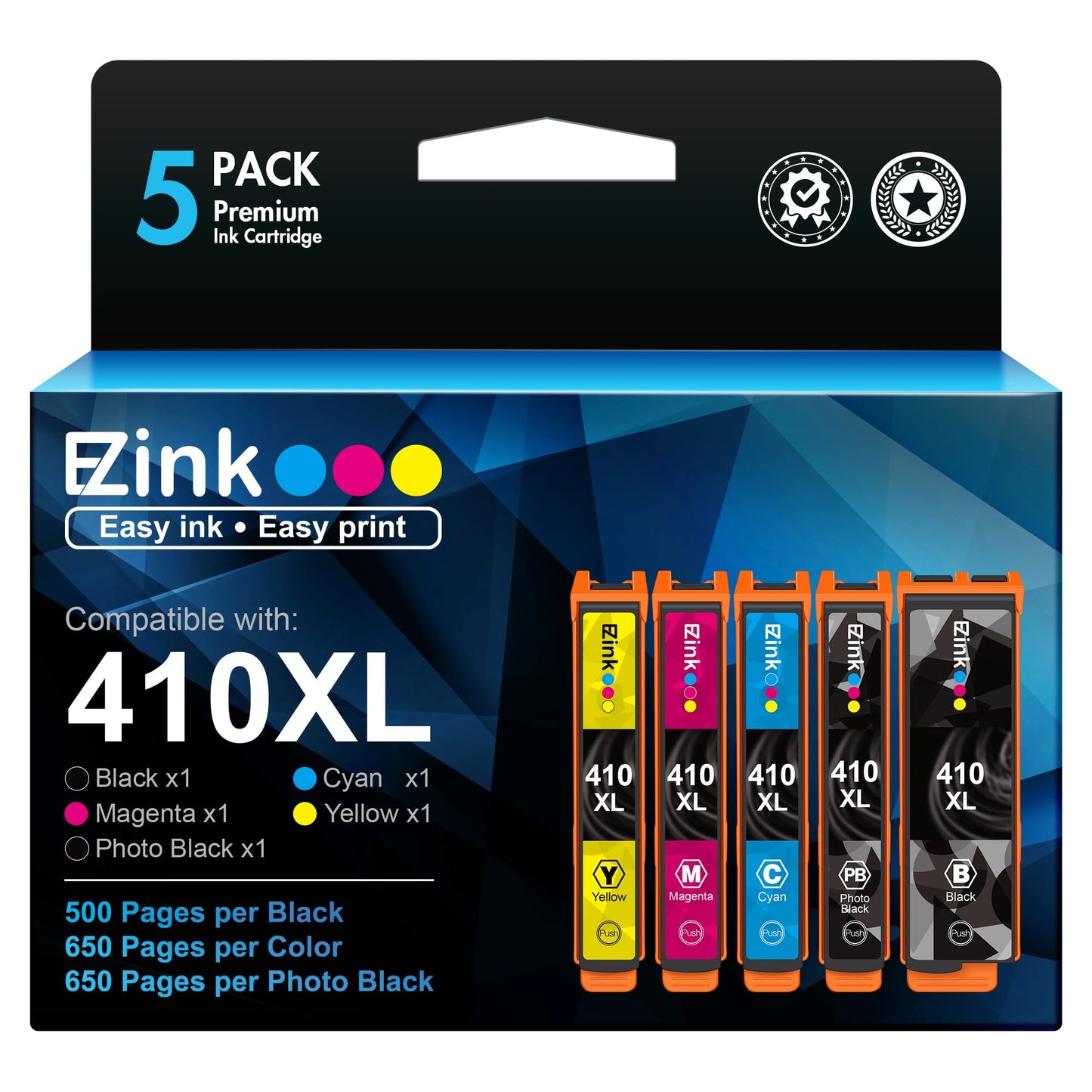 E-Z Ink Remanufactured Ink Cartridge Replacement for Epson 410XL 410 XL T410XL to use with Expression XP-640 XP-830 XP-7100 XP-530 XP-630 XP-635 (Black, Cyan, Magenta, Yellow, Photo Black) 5 Pack