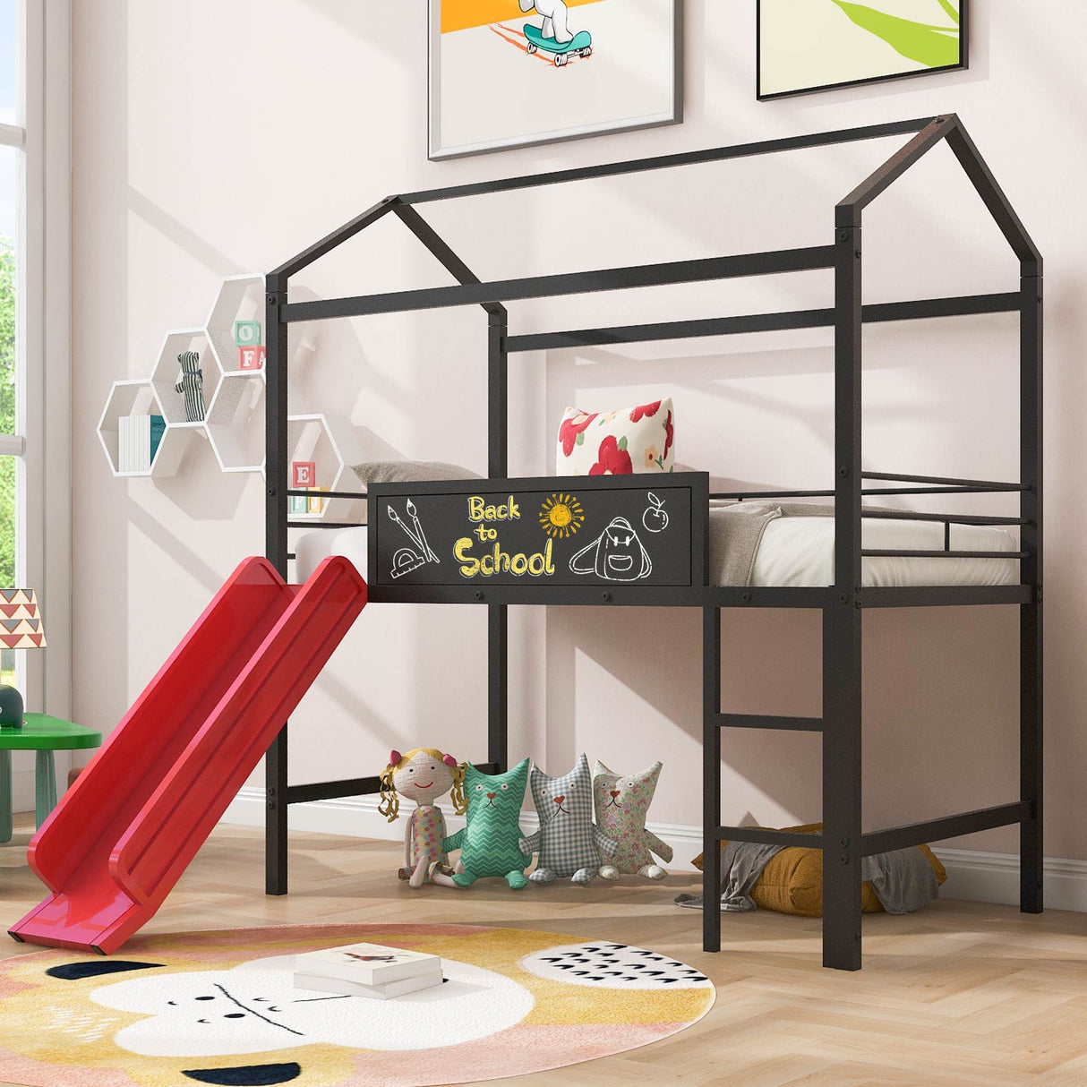 Twin House Loft Bed with Slide and Roof, Metal House Bed with Slide, Modern Style Heavy-Duty Steel Frame Loft Bed with Safety Rail, Built-in Ladder for Bedroom Dorm Boys Girls (Twin Size, Black+Red) Harper & Bright Designs