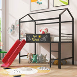 Twin House Loft Bed with Slide and Roof, Metal House Bed with Slide, Modern Style Heavy-Duty Steel Frame Loft Bed with Safety Rail, Built-in Ladder for Bedroom Dorm Boys Girls (Twin Size, Black+Red) Harper & Bright Designs
