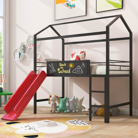 Twin House Loft Bed with Slide and Roof, Metal House Bed with Slide, Modern Style Heavy-Duty Steel Frame Loft Bed with Safety Rail, Built-in Ladder for Bedroom Dorm Boys Girls (Twin Size, Black+Red) Harper & Bright Designs