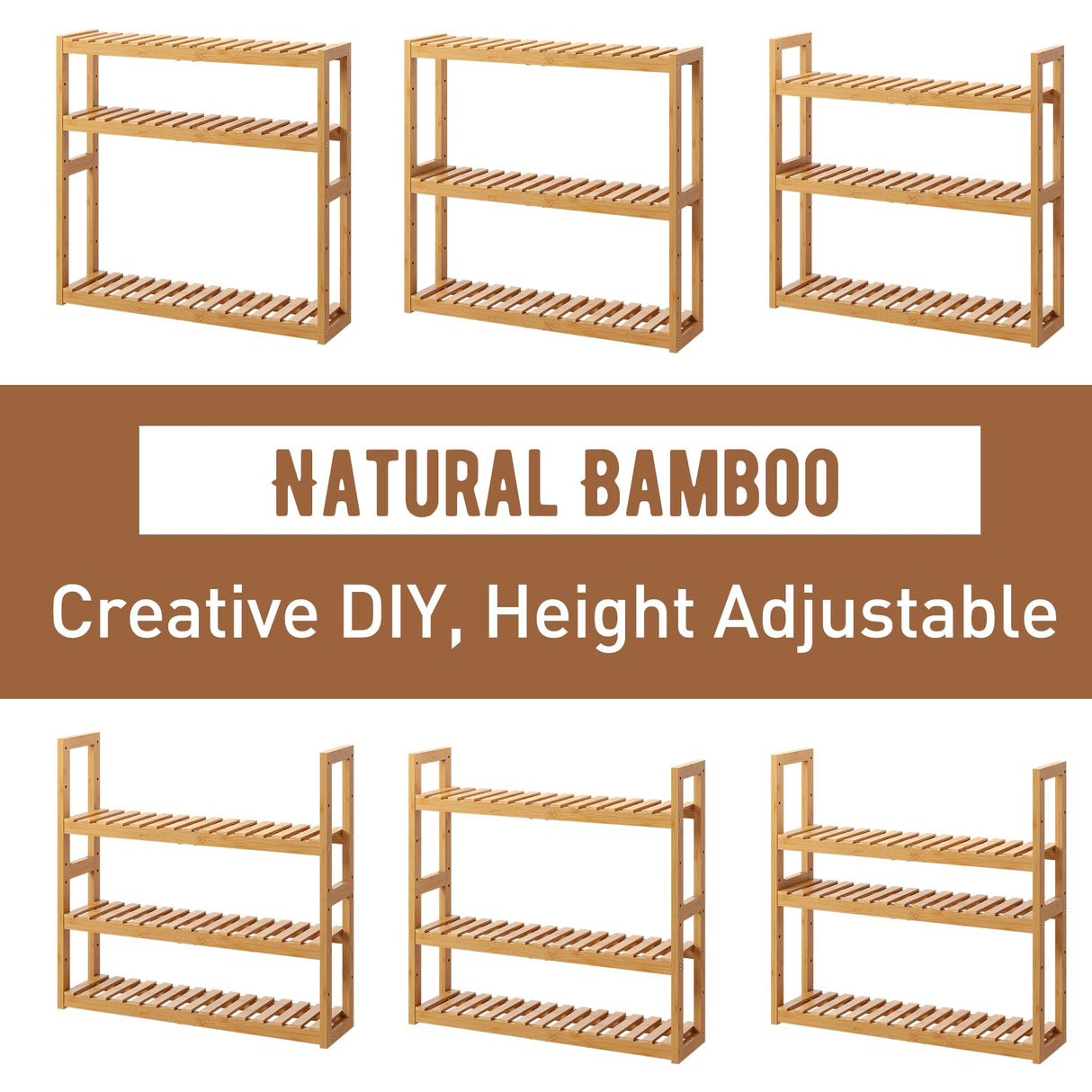 FILWH Bamboo Organizer Rack - Adjustable 3-Tier Storage Shelf, Wall Mounted or Over The Toilet, Living Room, Kitchen (Natural) FILWH