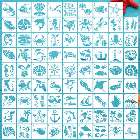 DZXCYZ 80 Pcs 3 x 3 Inch Stencils for Painting on Wood, Reusable Sea Ocean Creatures Mermaid Dolphin Shark Plastic Stencils DIY Craft Paint Template Set for Wall Home Decor DZXCYZ