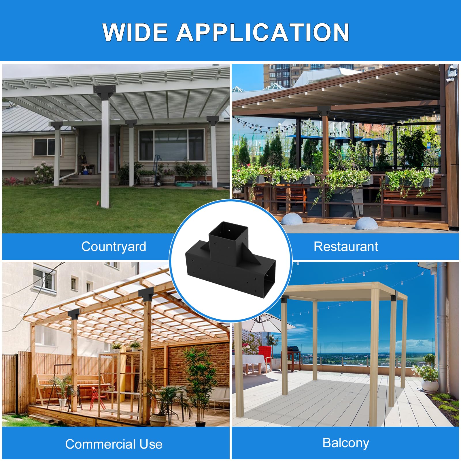 Vlaeng Pergola Kit 4x4", 4 Pcs 3-Way T-Shaped Woodworks Gazebo Brackets Kit with Screws for 4x4(Actual: 3.7x3.7") Wood Beams for Patio Pergola, Log Cabins, Garden, Lumber Gazebo, Black Powder - WoodArtSupply