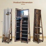 Byroce 360° Rotating Jewelry Armoire with Wheels, Lockable Jewelry Organizer W/ 3-Color LED Lights, Adjustable Shelves & Rear Storage, 64’’H Full Length Mirror Jewelry Cabinet Standing (Rustic Brown) Byroce