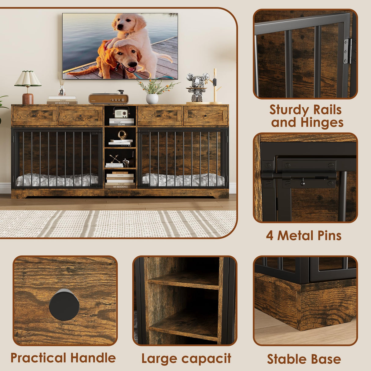 IDEALHOUSE 82” Large Dog Crate for 2 Dogs, Dog Kennel Indoor with 4 Drawers and Shelves, Double Dog Crate Furniture TV Stand, Wooden Dog Cage for Medium Large Dogs, Brown IDEALHOUSE