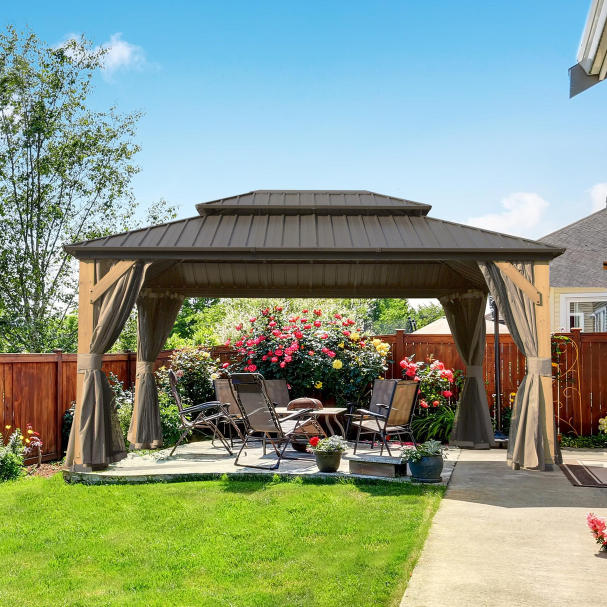 Domi 10'x14' Cedar Wood Gazebo with Double Roof Steel Hardtop,Solid Wood Frame Gazebo,Curtains and Netting Included for Garden, Backyard domi outdoor living