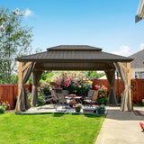 Domi 10'x14' Cedar Wood Gazebo with Double Roof Steel Hardtop,Solid Wood Frame Gazebo,Curtains and Netting Included for Garden, Backyard domi outdoor living