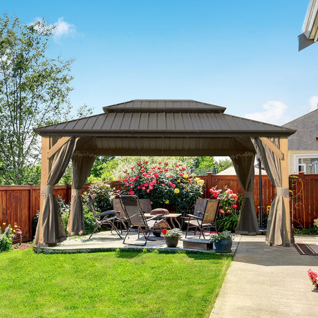 Domi 10'x14' Cedar Wood Gazebo with Double Roof Steel Hardtop,Solid Wood Frame Gazebo,Curtains and Netting Included for Garden, Backyard domi outdoor living