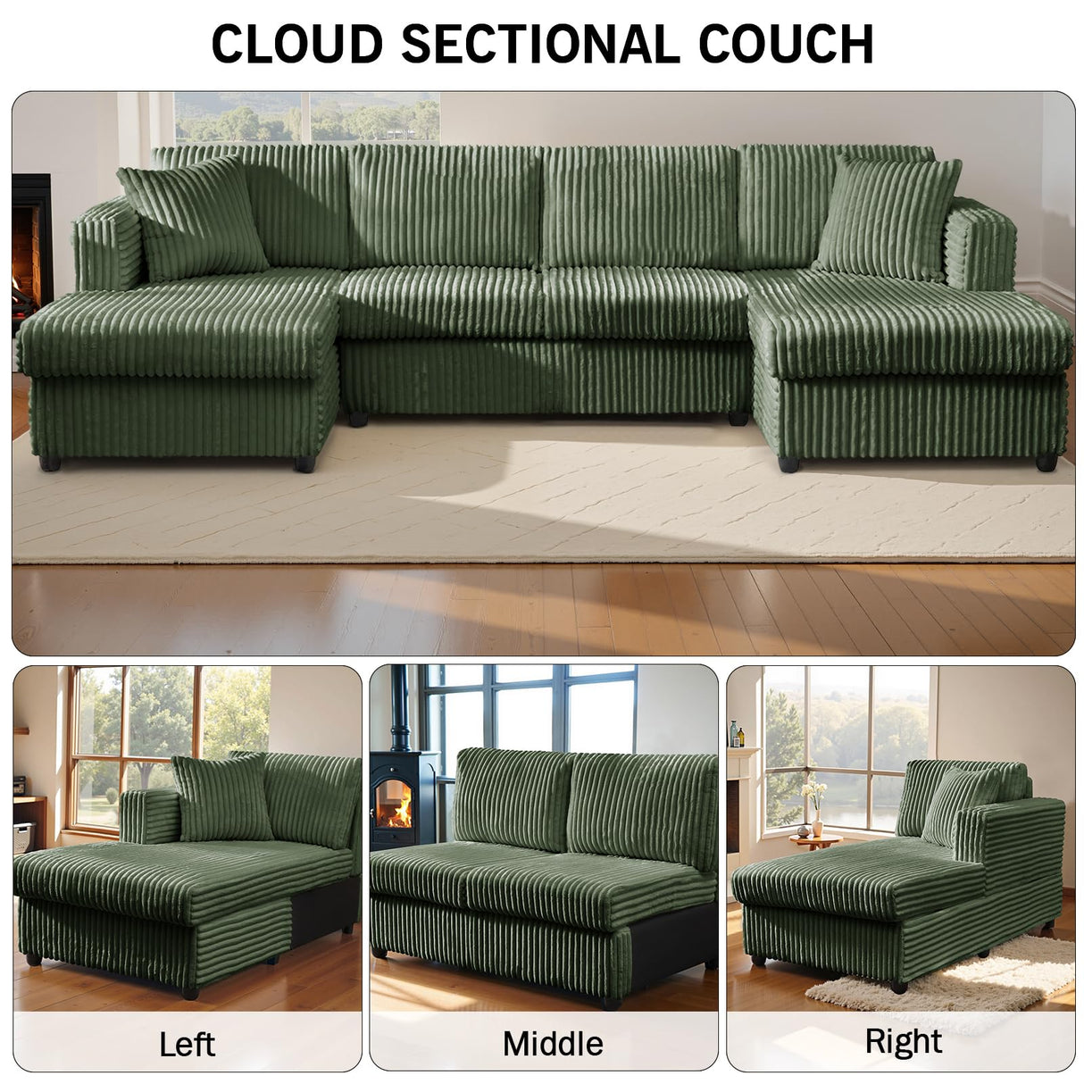123" U-Shaped Modular sectional Sofa, Two L-Shape Chaise with 2 Cloud Couch sectional with Two Pillows, couches for Living Room(Green) MYINDA