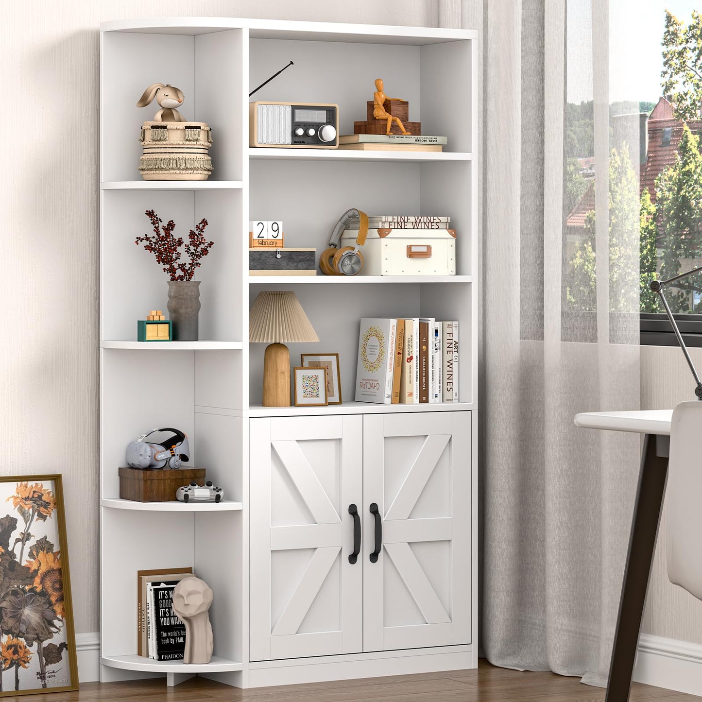 Vabches Bookcase with Corner Bookshelf, Bookshelf with Storage Cabinet and Adjustable Shelf, Wooden Bookshelf Storage Shelves with Cabinet Doors for Home Office, Living Room, Study, White