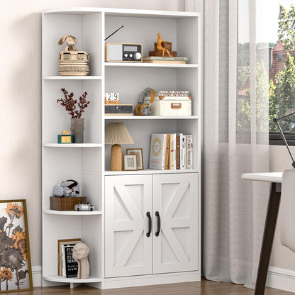 Vabches Bookcase with Corner Bookshelf, Bookshelf with Storage Cabinet and Adjustable Shelf, Wooden Bookshelf Storage Shelves with Cabinet Doors for Home Office, Living Room, Study, White