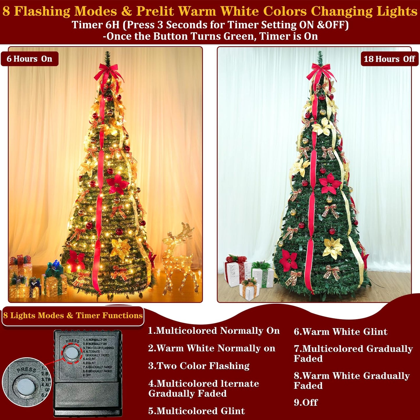 7 Ft Pop Up Full Christmas Tree Prelit 8 Modes 250 Warm White Lights Timer,Pre-Decorated 1 Minute Pull Up Christmas Tree 84 Ornaments UL Plug in Collapsible Xmas Trees Outdoor Indoor Holiday Decor