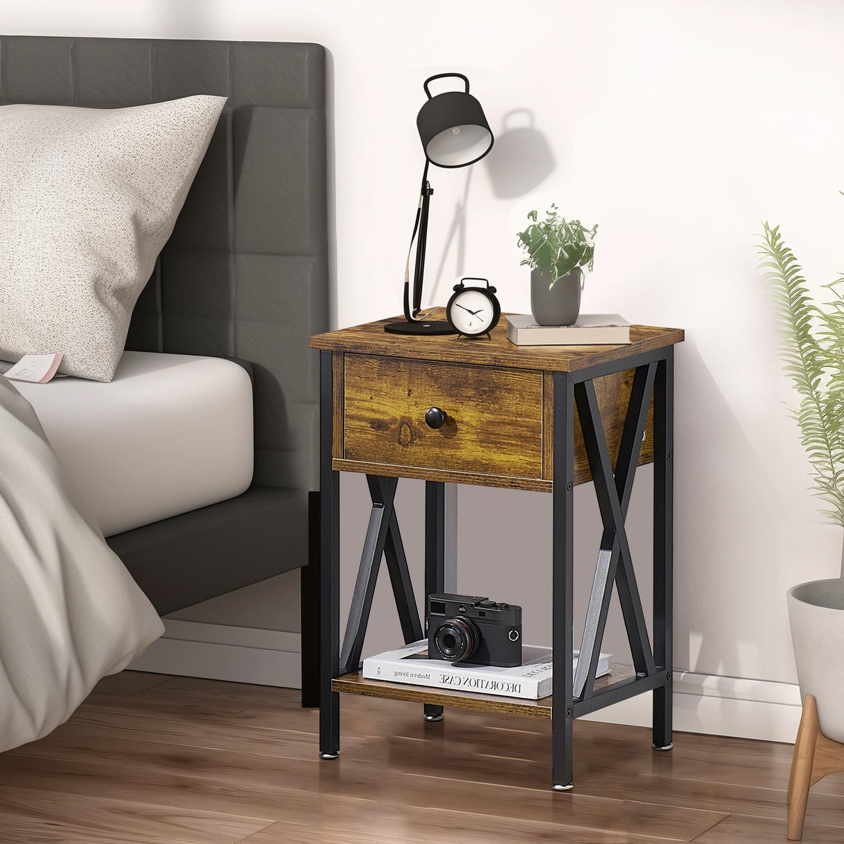 VECELO Nightstand,Modern Bedside End Table, Night Stand with Drawer and Storage Shelf for Living Room Bedroom, Industrial Metal Frame VECELO