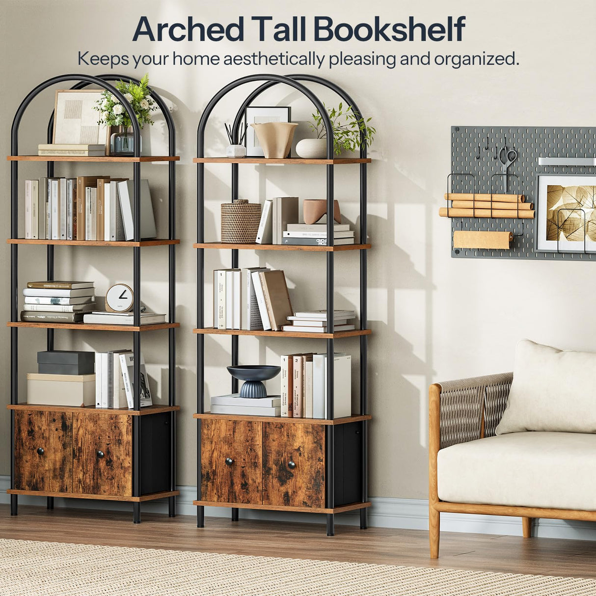 HOOBRO 5-Tier Bookshelf, Arched Bookcase with 2 Drawers, Tall Industrial Style Display Rack, Modern Standing Bookcase with Metal Frame for Office, Bedroom, Kitchen, Rustic Brown and Black BF175SJ01 HOOBRO
