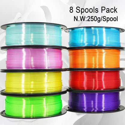 1.75mm Silk Shiny PLA 3D Printer Filament 8 Bright Colors Bundle: Silk Yellow/Lime Green/Orange/Sky Blue/Pink/Cyan/Red/Purple, Each Spool 250g, Total 2Kg 3D Printing Material, 250g x 8 Spools - WoodArtSupply