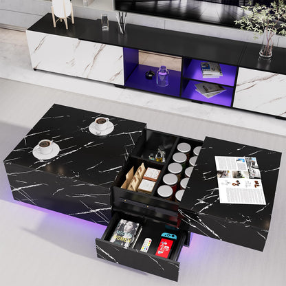 LED Coffee Table with Storage, Extendable Sliding Top LED Lights, Black Faux Marble High Gloss Modern Coffee Center Table with Hidden Compartment for Home Living Room, Office