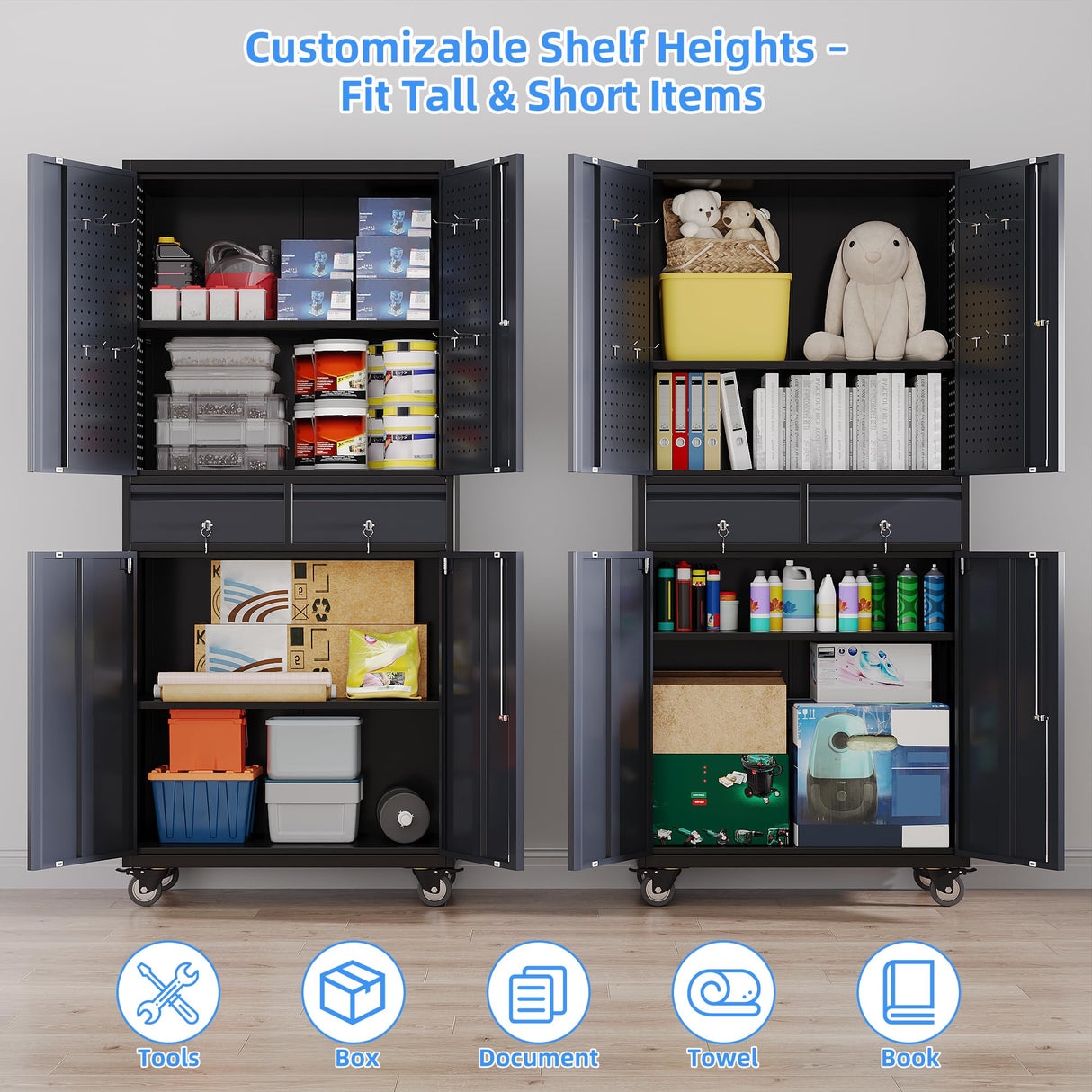 GangMei Metal Garage Storage Cabinet with 2 Drawers and 2 Adjustable Shelves, Rolling Tool Storage Cabinet with Wheels and Locking Doors for Garage, Warehouse, Black and Dark Gray GangMei