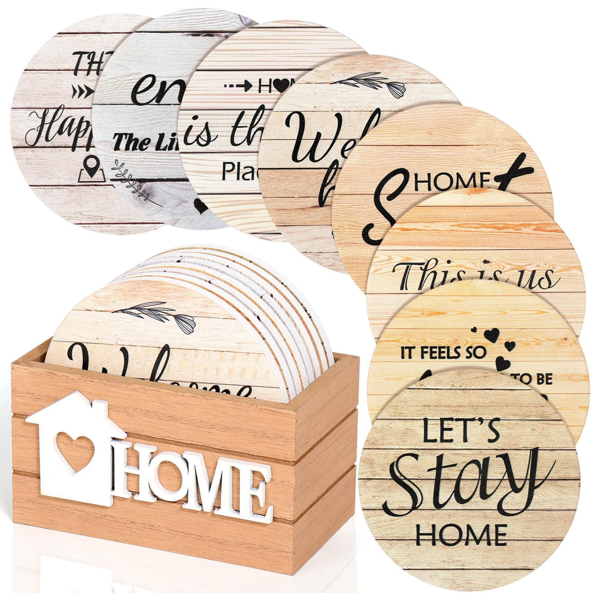 Billbotk House Warming Gifts for New Home, Farmhouse Coasters Set of 8, Wood Drink Coasters for Housewarming Gifts, Coffee Table Decor, Home Decor Billbotk