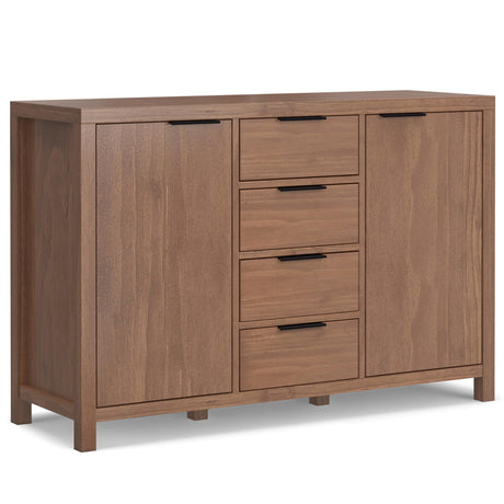 SIMPLIHOME Hollander Buffet - 54 inch Wide Solid Wood 3-Door Sideboard Buffet in Medium Saddle Brown, Contemporary Storage Cabinet for Dining Room or Kitchen with Adjustable Shelves and Metal Handles SIMPLIHOME