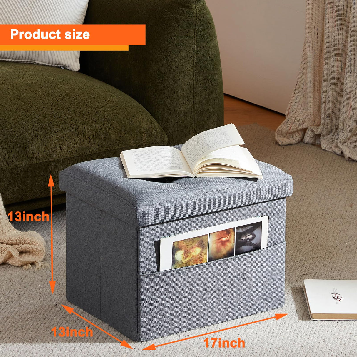 ALASDO Ottoman Storage Ottoman Footrest with Side Pocket Folding Ottoman with Srorage Small Ottoman for Living Room Study Bedroom Grey L17W13H13inches ALASDO