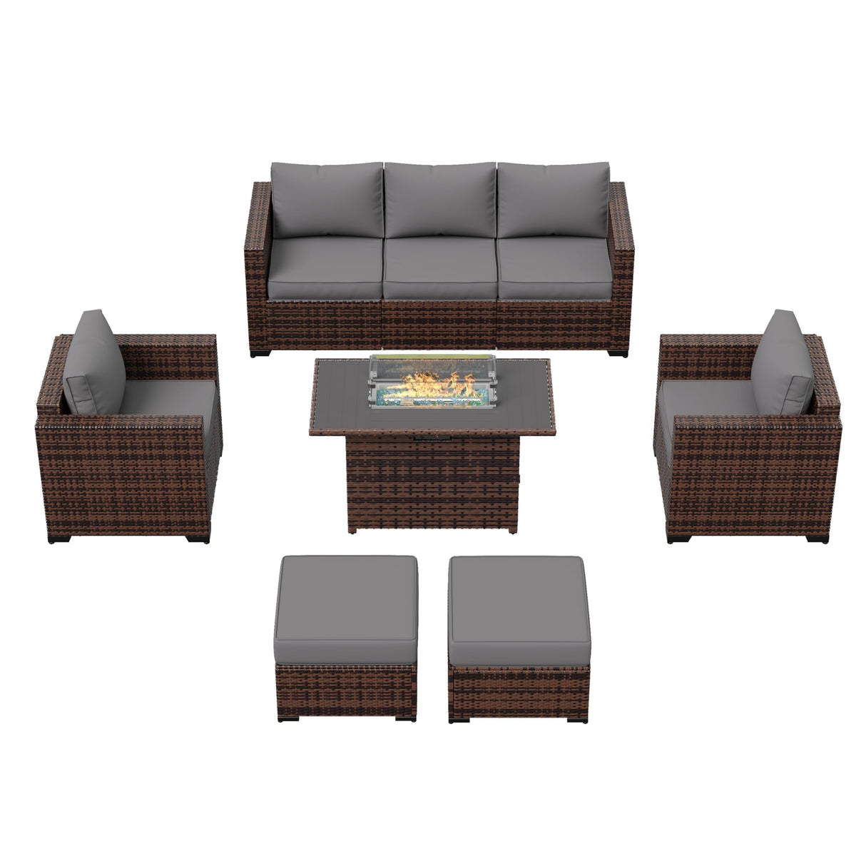 Amopatio 8-Piece Wicker Outdoor Patio Furniture Set with Ottoman, Sectional Couch, 44” Metal Fire Pit Table for Patio, Porch, Backyard - Weather Resistant, Comfortable Cushions, Grey Amopatio
