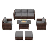 Amopatio 8-Piece Wicker Outdoor Patio Furniture Set with Ottoman, Sectional Couch, 44” Metal Fire Pit Table for Patio, Porch, Backyard - Weather Resistant, Comfortable Cushions, Grey Amopatio