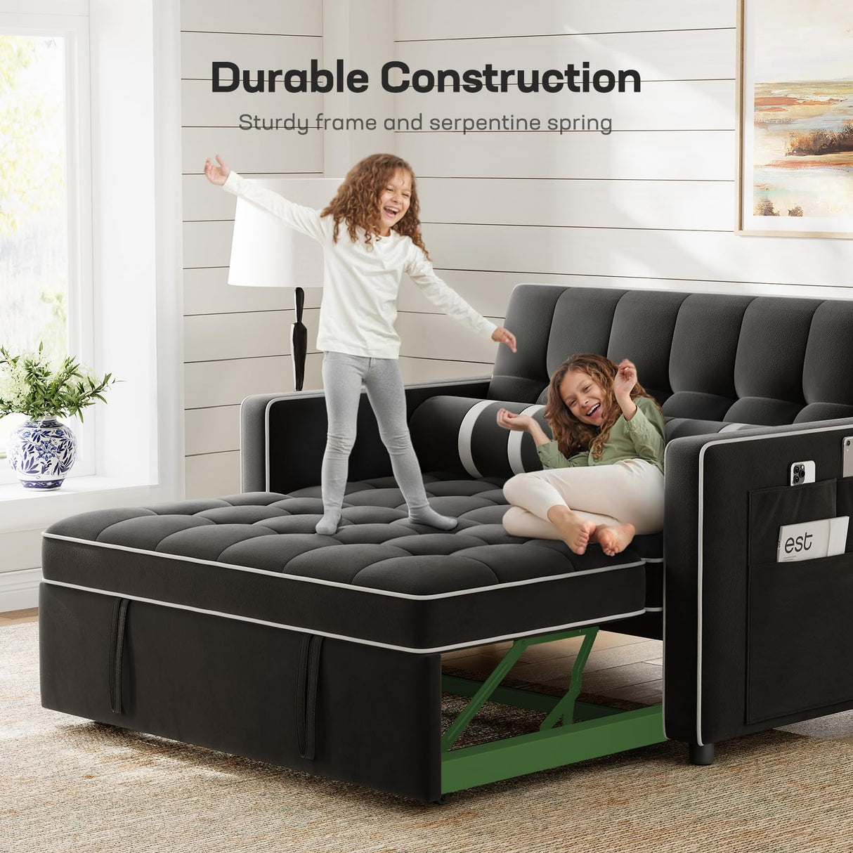 Marsail 3-in-1 Convertible Futon Sleeper Sofa Bed, Pull Out Couch with Adjustable Backrest, USB Charging & Side Pockets, Velvet Fabric Sofa for Living Room, Apartment, Loveseat, Black Marsail