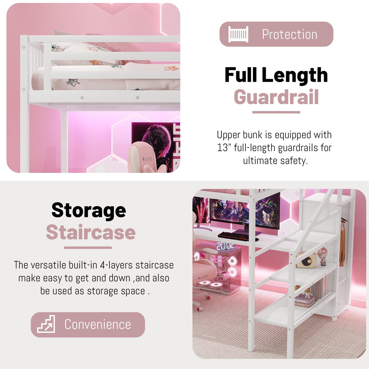 Queen Size Loft Bed with Desk,Metal Heavy Duty Queen Loft Beds with Stairs,Wardrobe and Shelves, High Gaming LoftBed with LED Light and USB Charging Station for Adults,Teens, White Mirightone