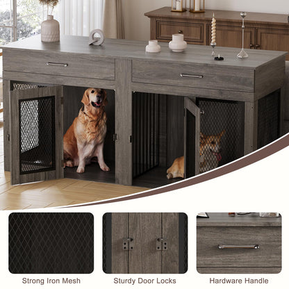 70.9 Inch Double Dog Crate Furniture with Drawers, Wooden Large Dog Kennel TV Stand with Divider and Double Doors, 70.9"* 23.6"* 33.5"H, (Wash Grey)