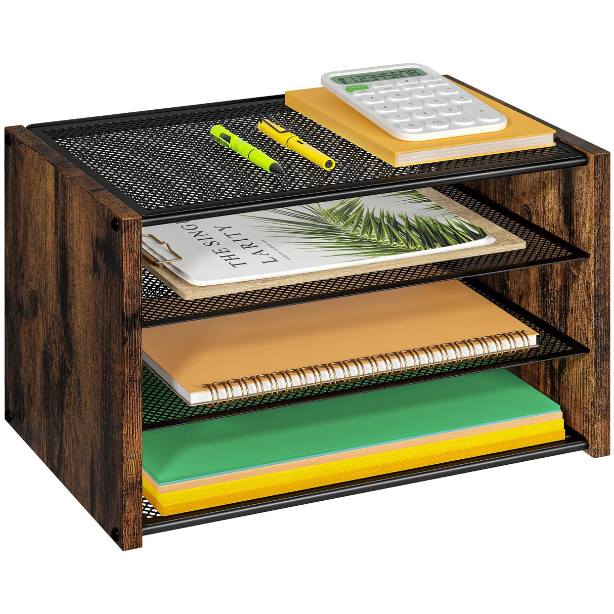 DAOUTIME 3-Tier Paper Organizer Letter Tray, Wooden Desk File Organizer, Stackable Metal Mesh Desk Organizer for A4 Printer Paper Storage. Small Paper Trays for Home Office School, Rustic Brown DAOUTIME