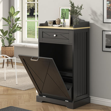 kepptory Tilt Out Trash Can Cabinet 12 Gallon, Hidden Trash Cabinet with Drawers, Kitchen Island Kitchen Pantry with Trash Can Storage, Tilt Out Laundry Hamper Cabinet (Black, Single -door) kepptory