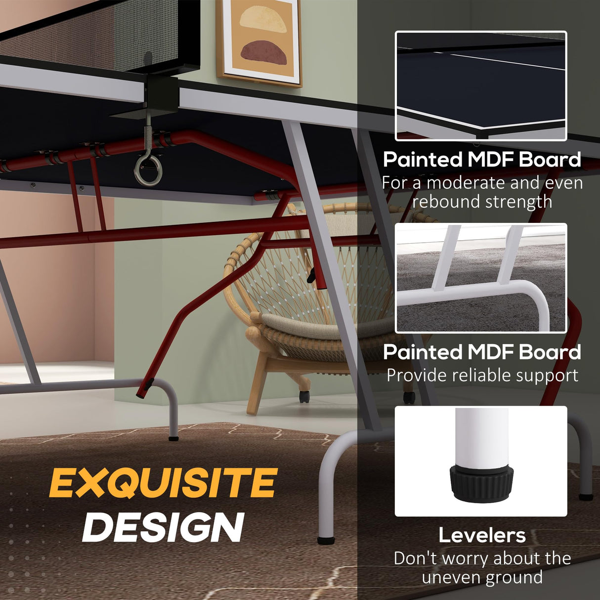 Soozier Full Size Ping Pong Table, Folds into Quarters, Portable Table Tennis Table with Net, Paddles, Balls, MDF, Charcoal Gray Soozier