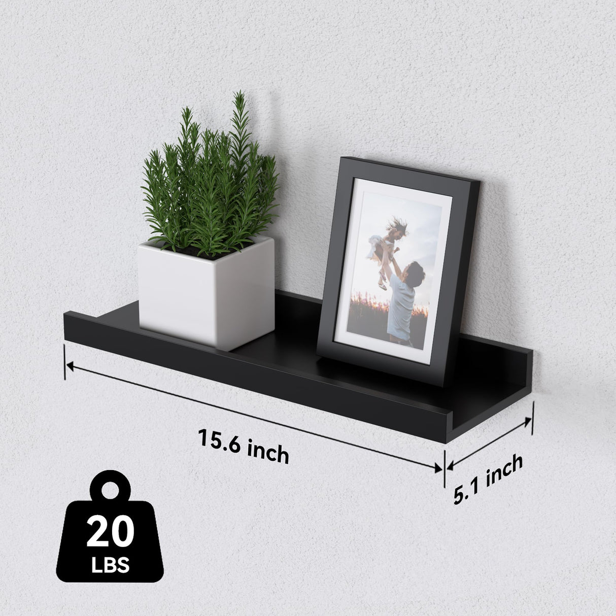 DOLLFIO Floating Shelves Set of 6, Black Wall Shelves with Lip, Display Shelves for Wall Decor, Modern Picture Ledge for Living Room, Bedroom, Nursery, Bathroom, Pictures, Books, Plants- Black DOLLFIO