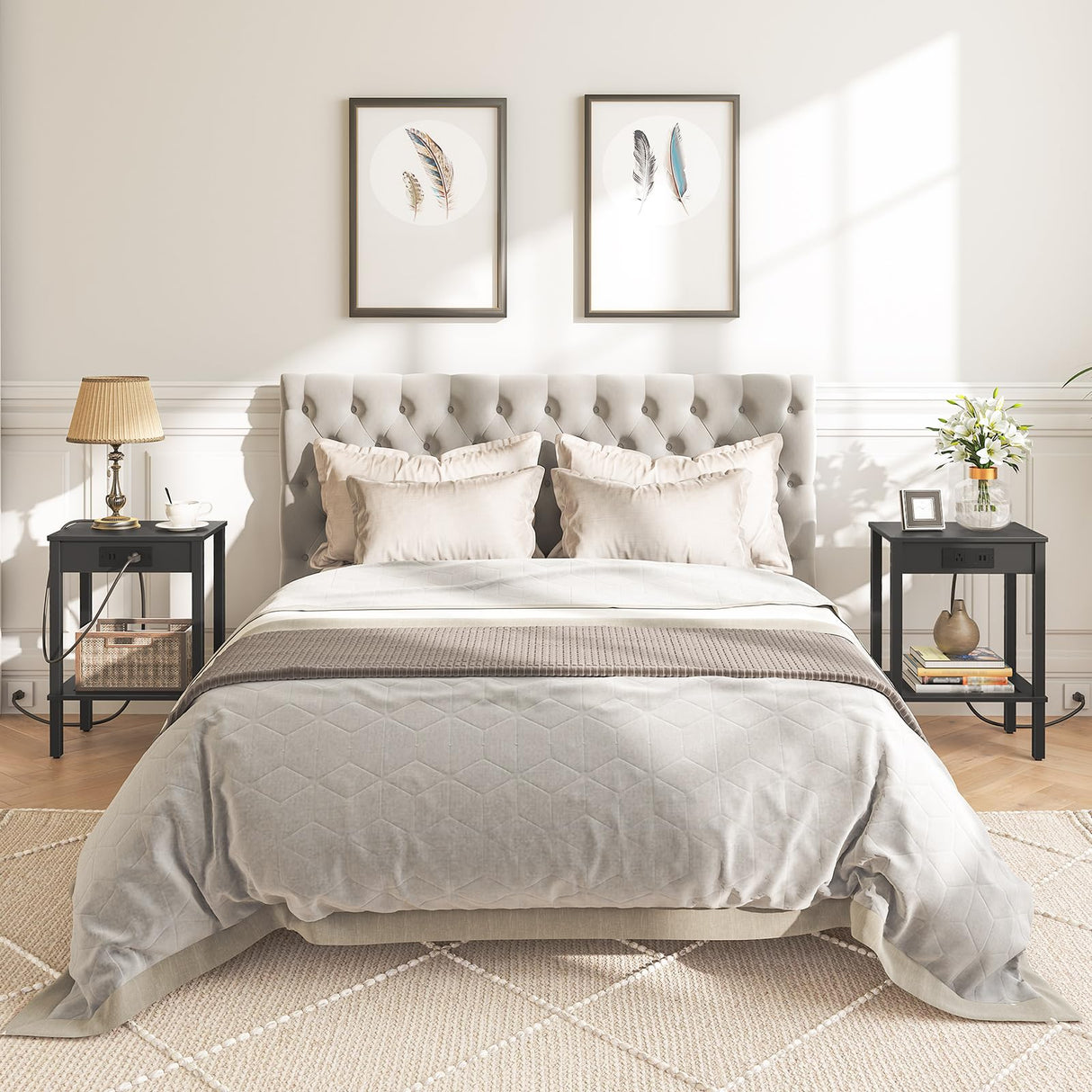 HOOBRO Side Table with Charging Station, Set of 2 End Tables with USB Ports and Outlet, Nightstand with 2-Tier Storage Shelf, for Living Room, Bedroom, Small Space, Black BK91UBZP201 HOOBRO