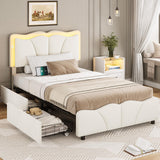 MSmask Twin Bed Frames with 4 Storage Drawers and LED Lights, Velvet Upholstered Platform Bed Frame with Height Adjustable Headboard, LED Bed Frame with Type C & USB, No Box Spring Needed, White MSmask