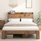 Decoholic Full Size Wooden Bed Frame, Storage Headboard with Charging Station & Led Lights, Solid and Stable, Noise Free,Rustic Farmhouse Sturdy Framework Wood Bedframe, Easy Assembly Decoholic