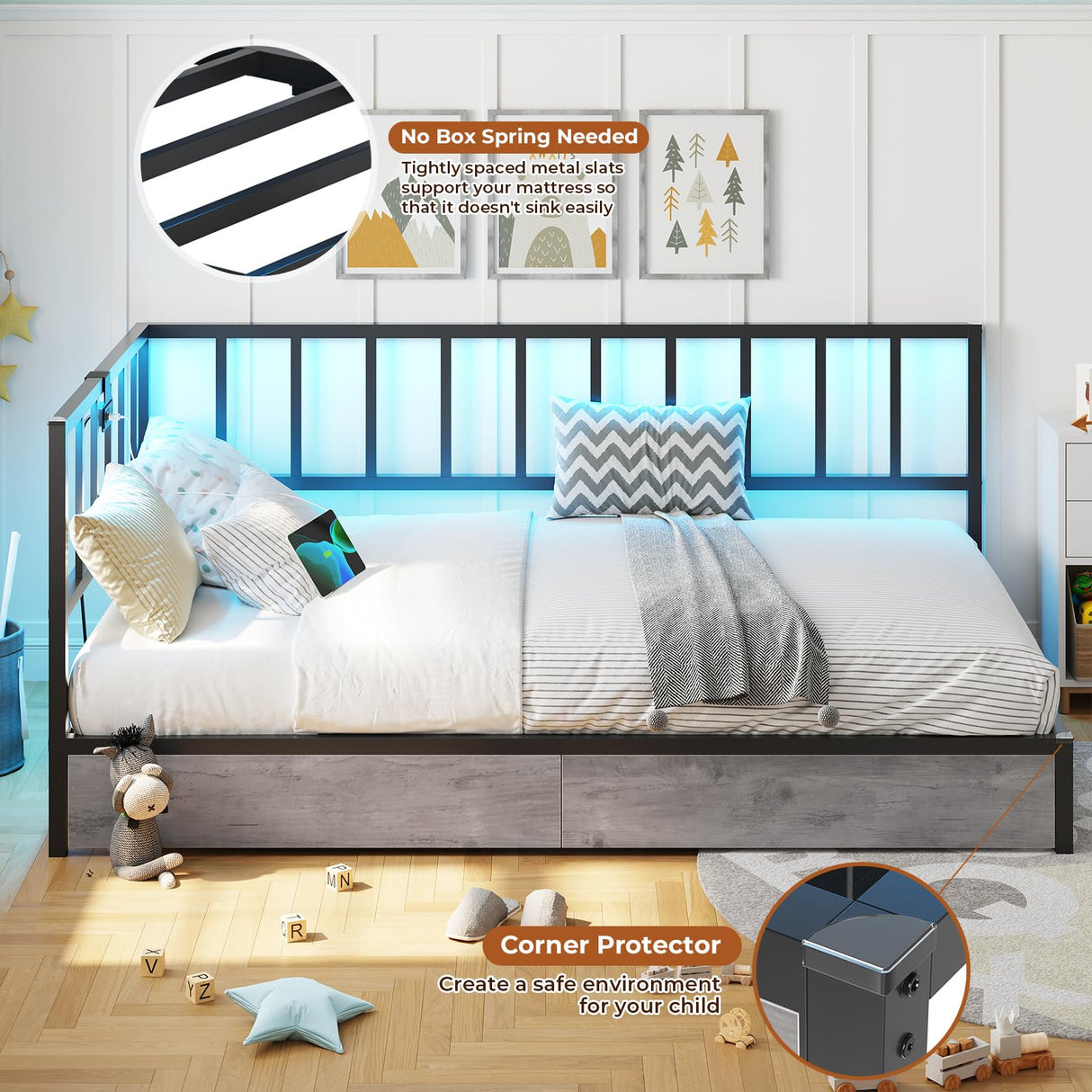 DICTAC Twin Size Corner Bed Frame with 2 Storage Drawers and Led Lights Metal Platform Bed Frame with Charging Station Modern Twin Daybed Frame for Living Room, Bedroom and Guest Room, Black&Gray DICTAC